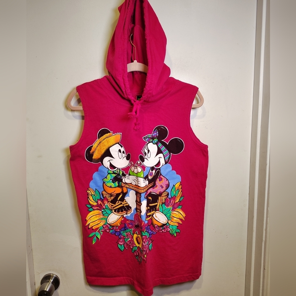 Disney Vintage 90's Mickey Unlimited Pink Hoodie Tank Top Sz M Tropical Graphic